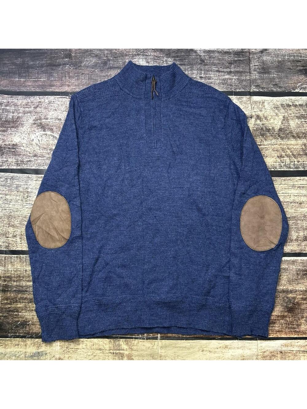 J Crew Sweater Mens Large Merino Wool Suede Leather Patches 1/4 Zip Pullover